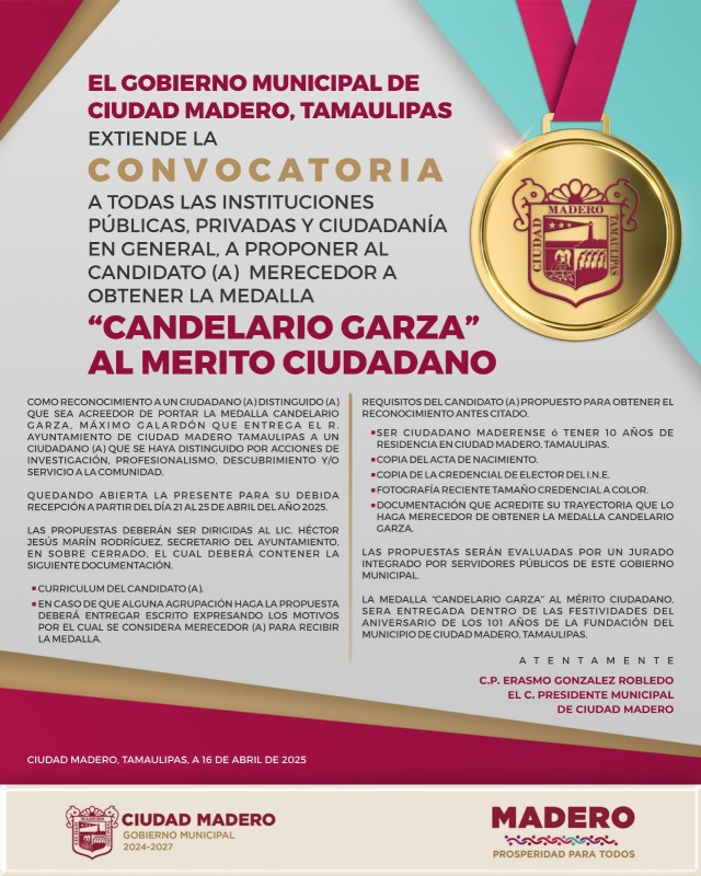 Convoca Gobierno de Ciudad Madero a proponer la distinción de entrega de Medalla Candelario Garza