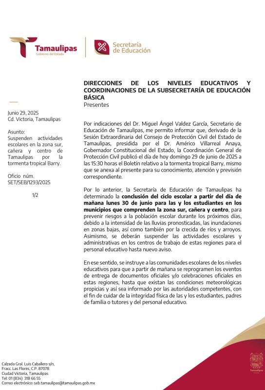 Tamaulipas adelanta el fin del ciclo escolar 2024-2025 por la tormenta tropical Barry